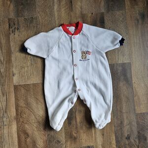 Vintage 80s Kent Footed Romper - Baby 0-3 Months - "Born In The USA" Embroidered